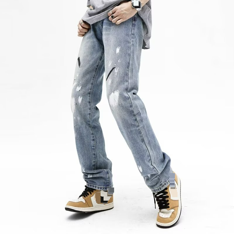 High Street Trendy Brand Splashed Ink Micro Flared Jeans Men's American Retro Vibe Style Loose Straight Casual Mopping Trousers_voghion.com