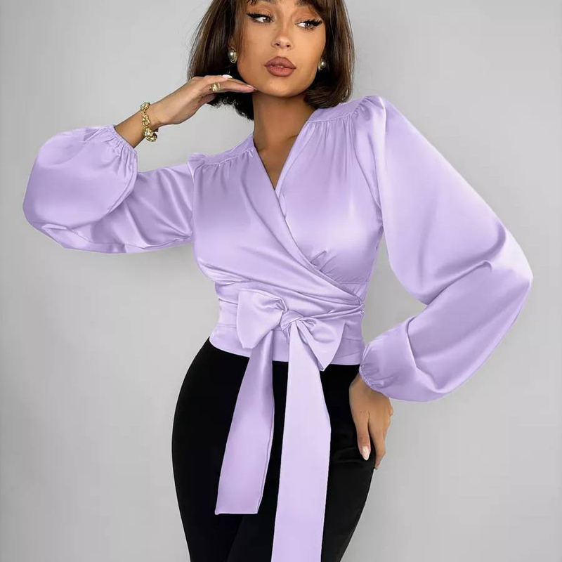 Satin Tie-Front Blouse For Women, Slim Fit V-Neck Long Sleeve Shirt With Adjustable Bow, Elegant Work & Evening Wear In Solid Colors_voghion.com
