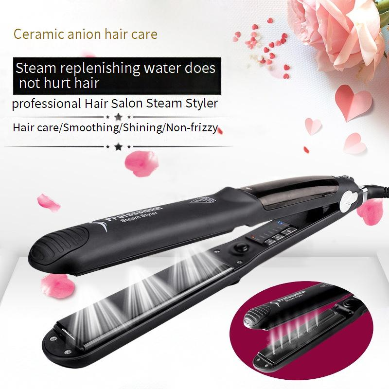 Professional Ceramic Tourmaline Flat Iron With Steam Spray & Dual Voltage (110-240V) – Straightener & Curler For All Hair Types (Black)_voghion.com
