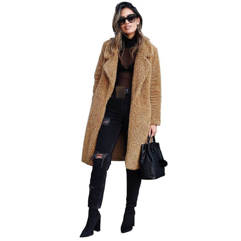 Langärmliger Fleecemantel für Damen mit Reverskragen – warme, flauschige, doppelseitige Sherpa-Jacke im Winter in sanften Eiscremefarben_voghion.com
