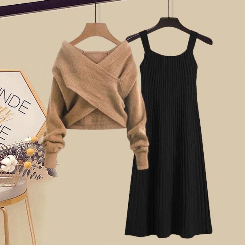 Ensemble 2 pièces élégant pull croisé et robe noire amincissante – Tenue printanière polyvalente pour femme (plusieurs coloris disponibles)_voghion.com