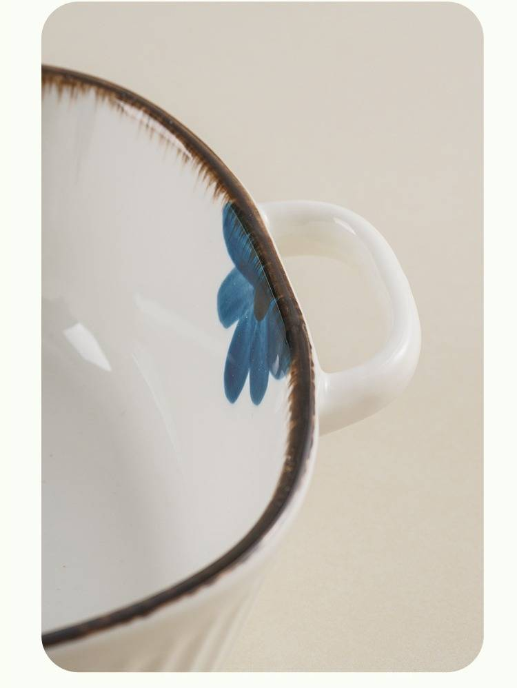 Ceramic Baking Dish With Ink Floral Pattern – 9.5" Double-Handled Soup Bowl, Microwave & Oven Safe_voghion.com