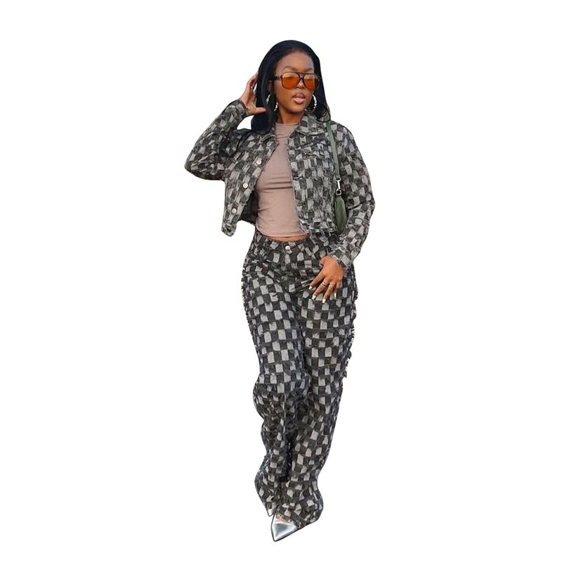Women's Clothing Casual Jacquard Plaid Washed Denim Suit Women's Casual Jacquard Checkered Washed Denim Outfit Set Winter Wear Grey S-XXL_voghion.com
