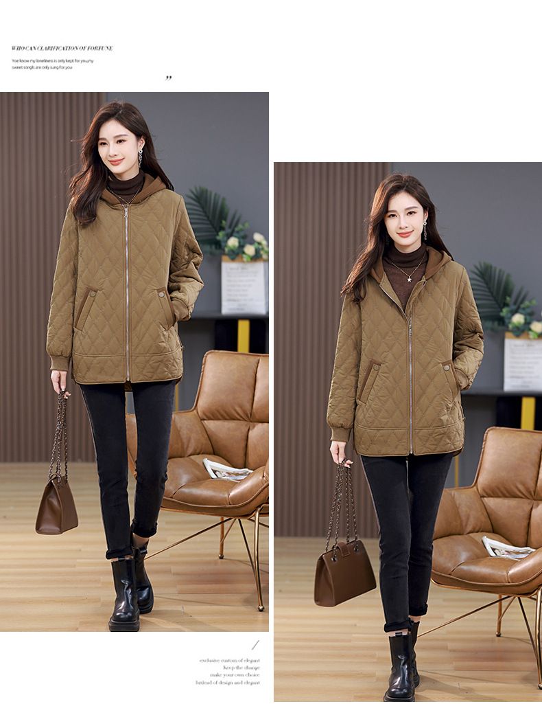 Damen Steppjacke neuer Stil mittellang modischer West-Stil Raute lässig dünner Baumwollmantel_voghion.com