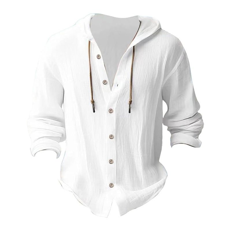 Maglietta casual a maniche lunghe con cappuccio e coulisse in cotone e lino, tinta unita, da uomo, alla moda, da abbinare a qualsiasi outfit, da spiaggia_voghion.com