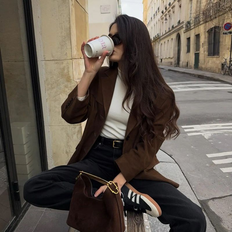 Blazer style Old Money élégant, polyvalent, décontracté, ample, manteau en daim pour femme_voghion.com