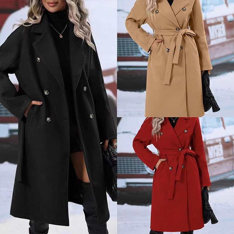 New Solid Color Lapel Thickened Dragon Phoenix Cloth Lace Up Double Breasted Extended Women's Trench_voghion.com