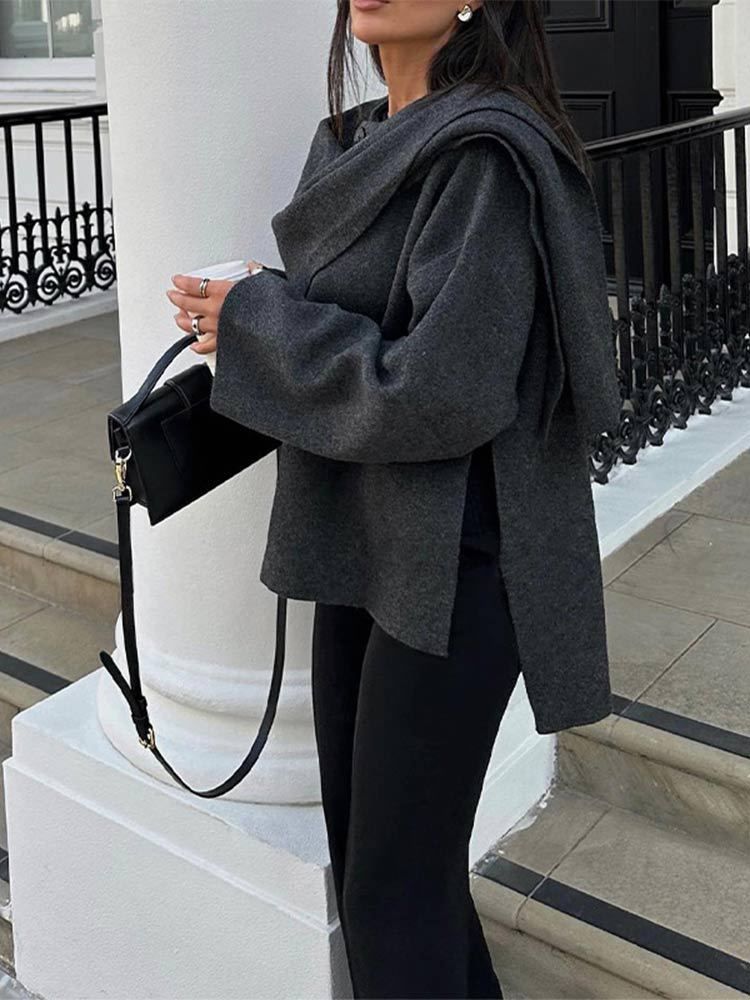 Oversized Knit Cape Cardigan – Long Sleeve Open Front Wrap Coat With Scarf Collar, Cozy Fall & Winter Layering Piece In Charcoal, Brown, Wine_voghion.com