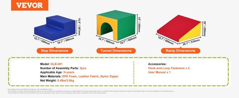 VEVOR Single Tunnel Climber, Toddler Playset, Foam Climbing Blocks For Toddlers, Kids Tunnel Maze With Stairs And Ramp, Indoor For Toddlers And Preschoolers Easy To Clean, 3 Pcs (Assorted)_voghion.com