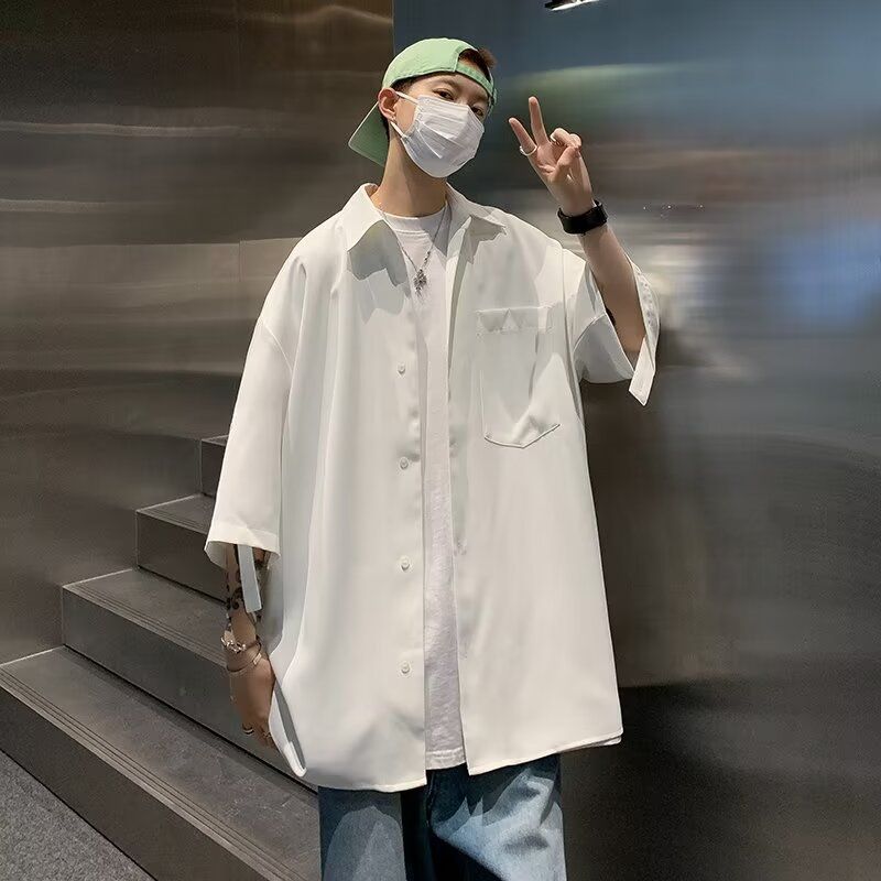 Bela srajca v hongkonškem slogu, moška modna blagovna znamka s kratkimi rokavi, vrhunski občutek, ledeno svilena srajca, ležerna in lepa jakna, poletje_voghion.com