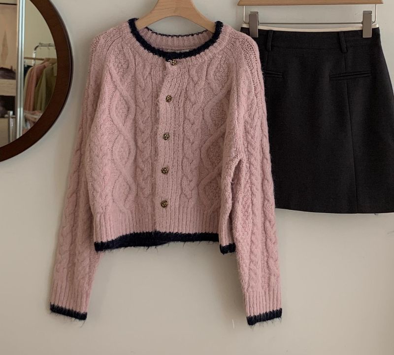 Vintage-Strickjacke für Damen, weicher Häkelpullover mit Farbblock-Design, lässiger Rundhalsausschnitt, lange Ärmel, offene Vorderseite_voghion.com