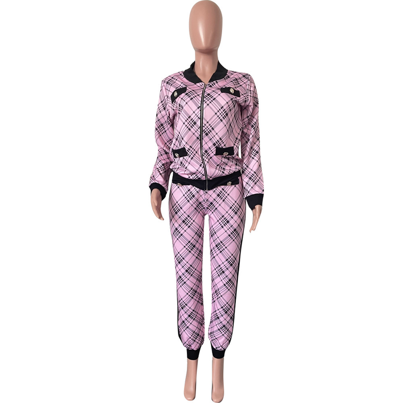 Traje casual de moda para mujer, abrigo con botones y pantalones con estampado de mil pájaros, conjunto de dos piezas_voghion.com