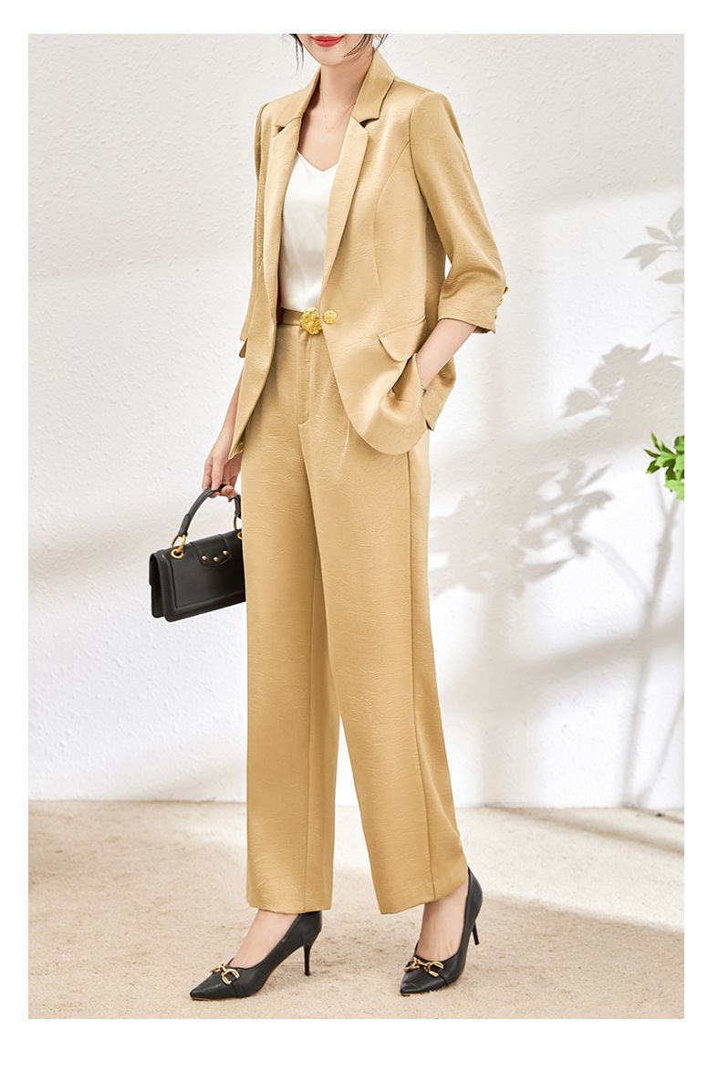 GraceChic 2401114-Spring Main Promotion Satin Wrinkled Quality Blazer + Straight-Leg Pants Two-Piece Set Elegant Commuting_voghion.com