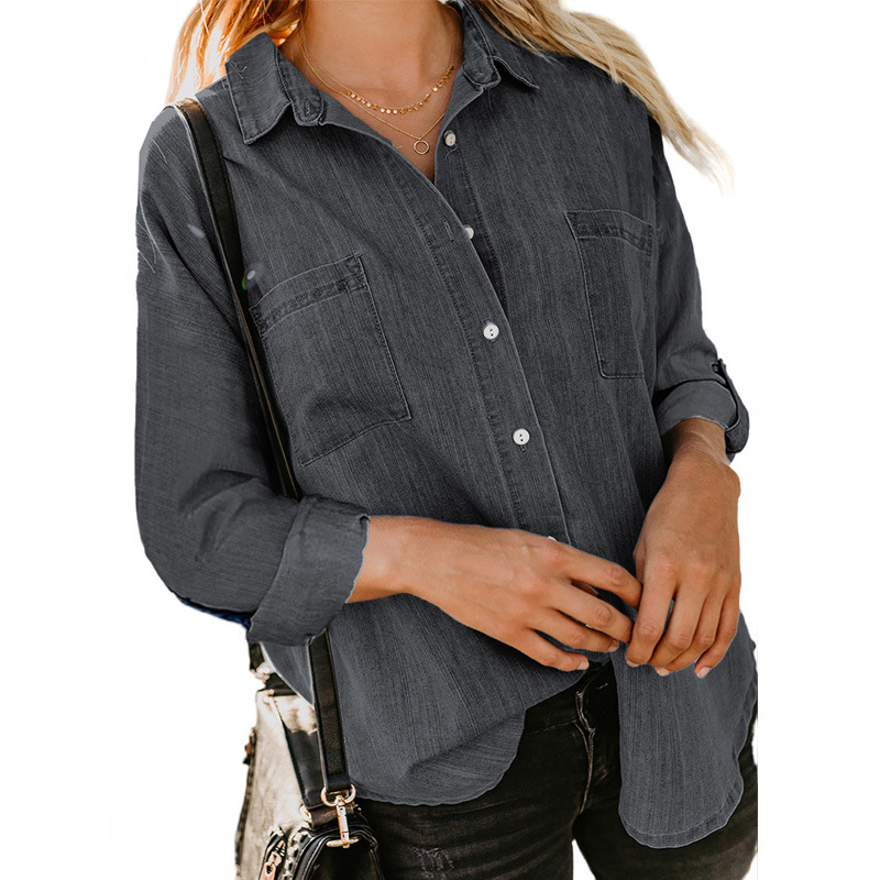 Camicia in denim da donna, camicia da cappotto casual all-match a maniche lunghe con doppia tasca ampia_voghion.com