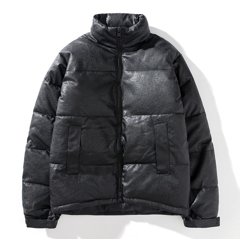 Vêtements de course d'automne et d'hiver en cuir PU pour hommes et femmes, vêtements épais et chauds en coton, col montant décontracté à la mode, saleté_voghion.com