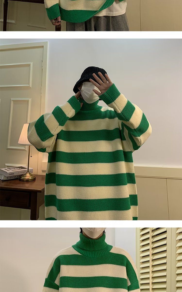Maglione a collo alto a righe bianche e nere per uomo, stile retrò giapponese, pigro e di alta qualità. Maglione lavorato a maglia con inserti a contrasto_voghion.com