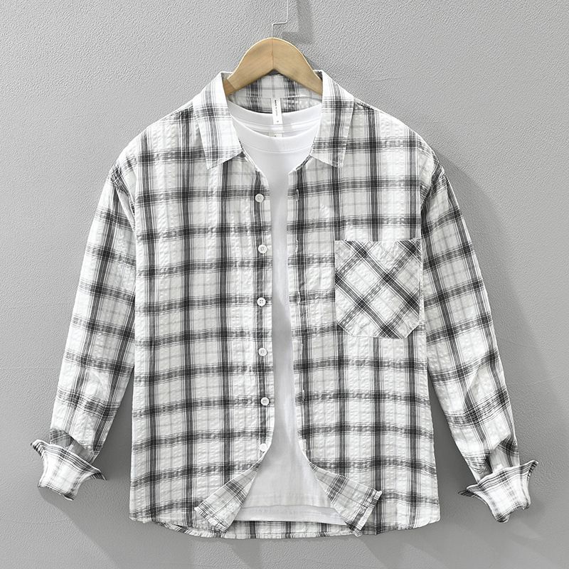 Camicia a maniche lunghe a quadri per uomo, alla moda e versatile, top casual e ampio._voghion.com