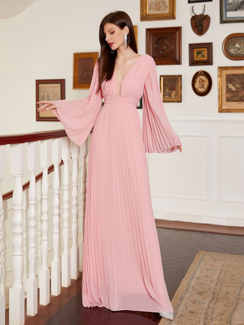 Robe de soirée longue élégante à col en V pour femme - Robe trapèze longue au sol avec volants, décolleté en V profond et manches longues pour banquet ou bal de fin d'année_voghion.com