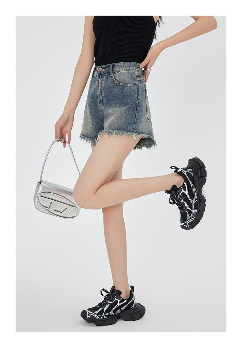 Short en jean large pour femme, coupe ample, taille haute, décontracté et polyvalent, jambe droite coupe trapèze, niche, à volants,_voghion.com