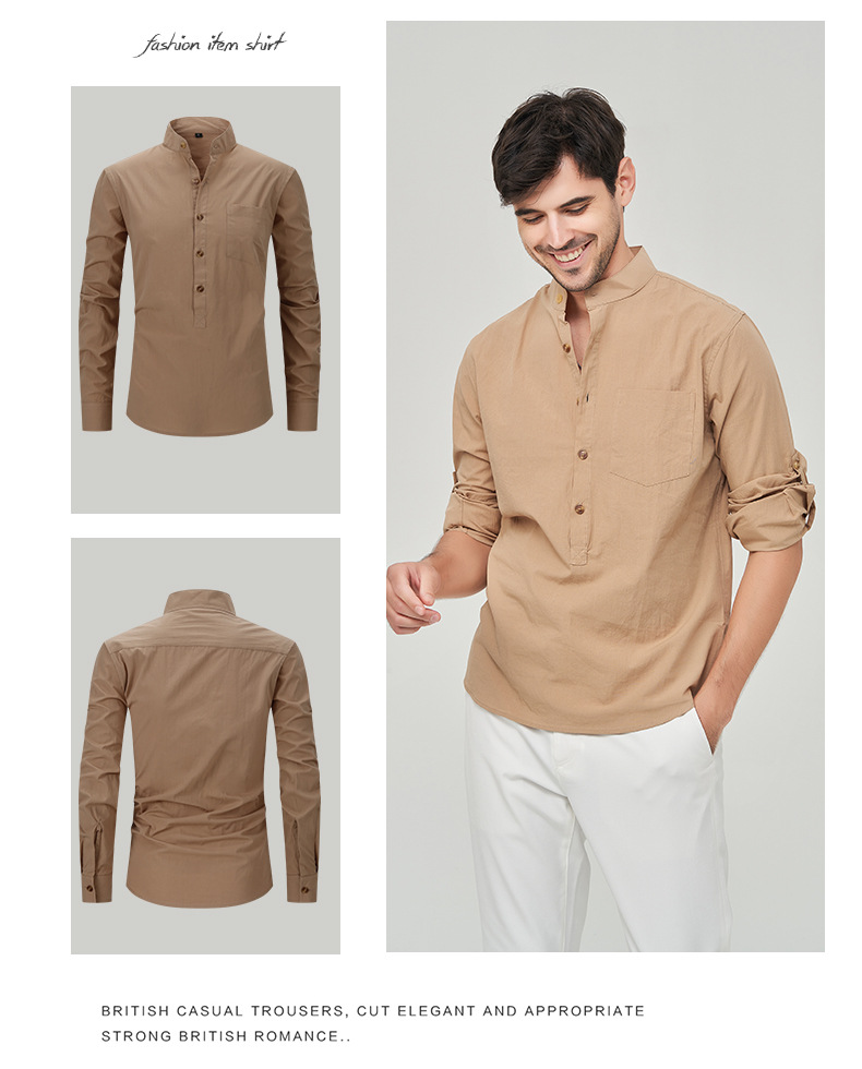 Abbigliamento Uomo Camicia Camicia Henry in cotone da uomo Camicia in lino con collo alto Camicia a maniche lunghe da uomo_voghion.com