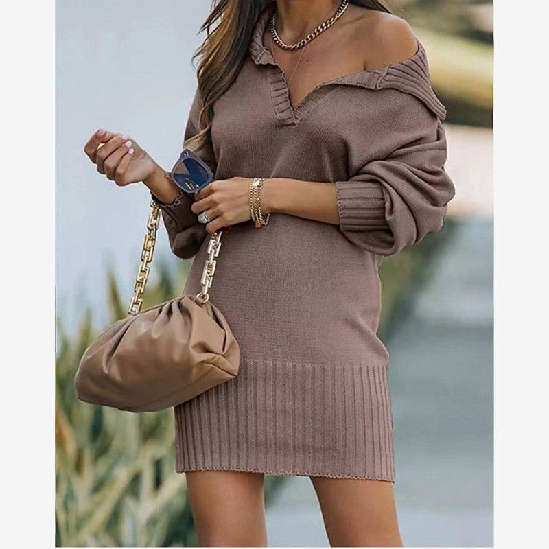 Damenbekleidung mittellanges Pulloverkleid mit Revers, Laternenärmeln, gestrickt, einfarbig, langer Rock_voghion.com