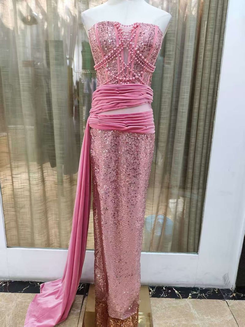 Elegant Glitter Velvet Slit Maxi Dress With Sash - Strapless Formal Gown For Parties & Evening Events_voghion.com