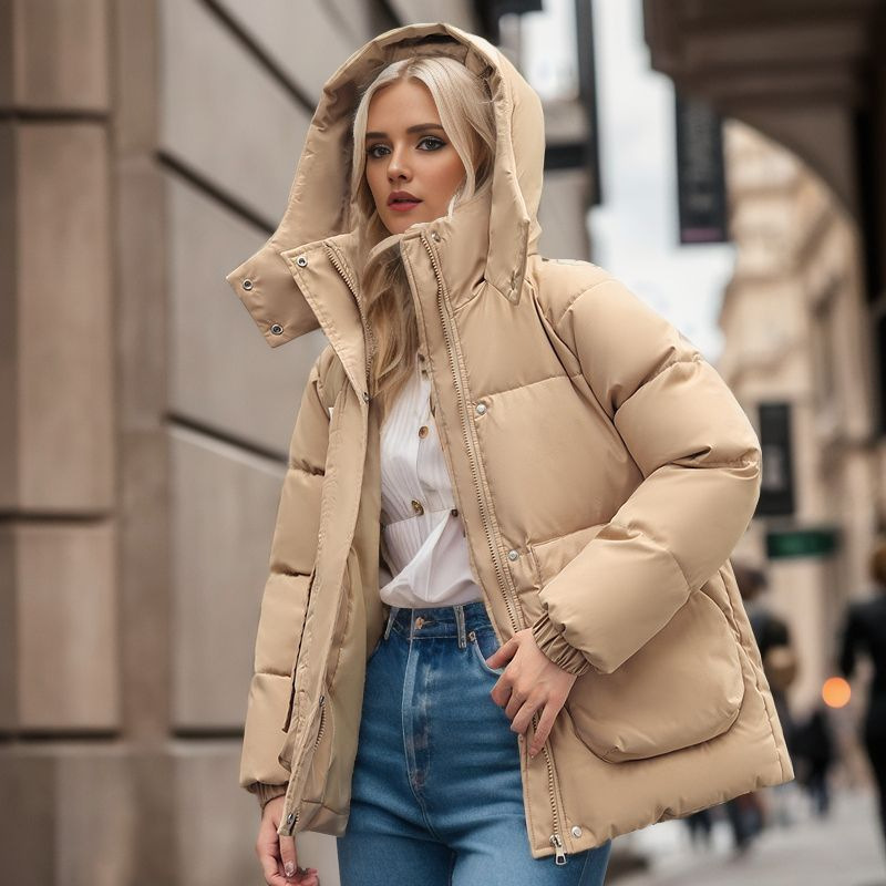 Damen-College-Stil, einfache koreanische Version, mit Kapuze, Stehkragen, wattierte Jacke, Nische, verdickte, wattierte Jacke_voghion.com