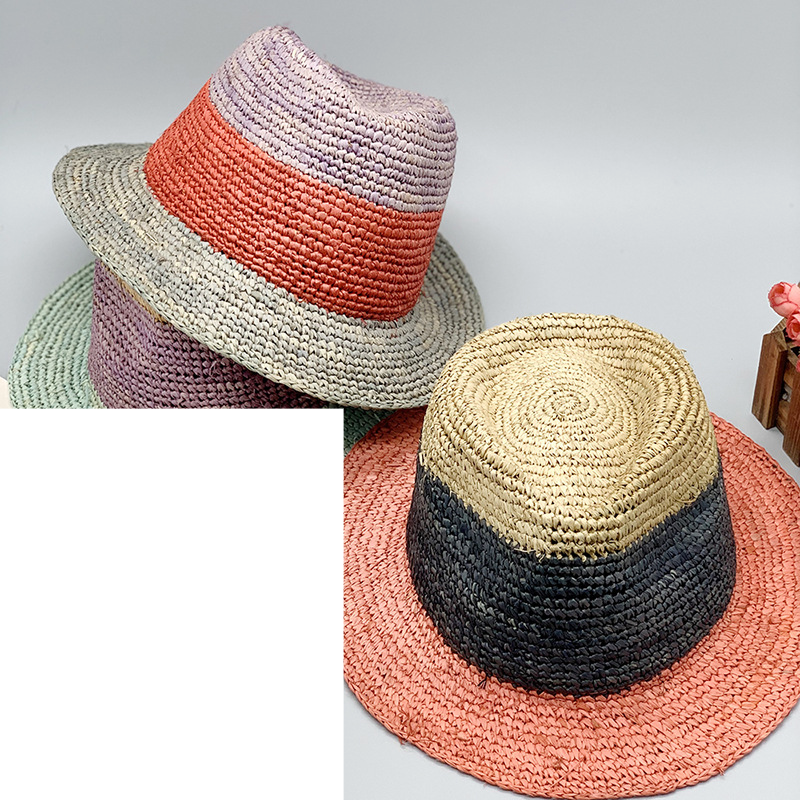 Natural raffia crochet straw hat color matching small hat casual striped Rayleigh wind short brimmed top hat_voghion.com