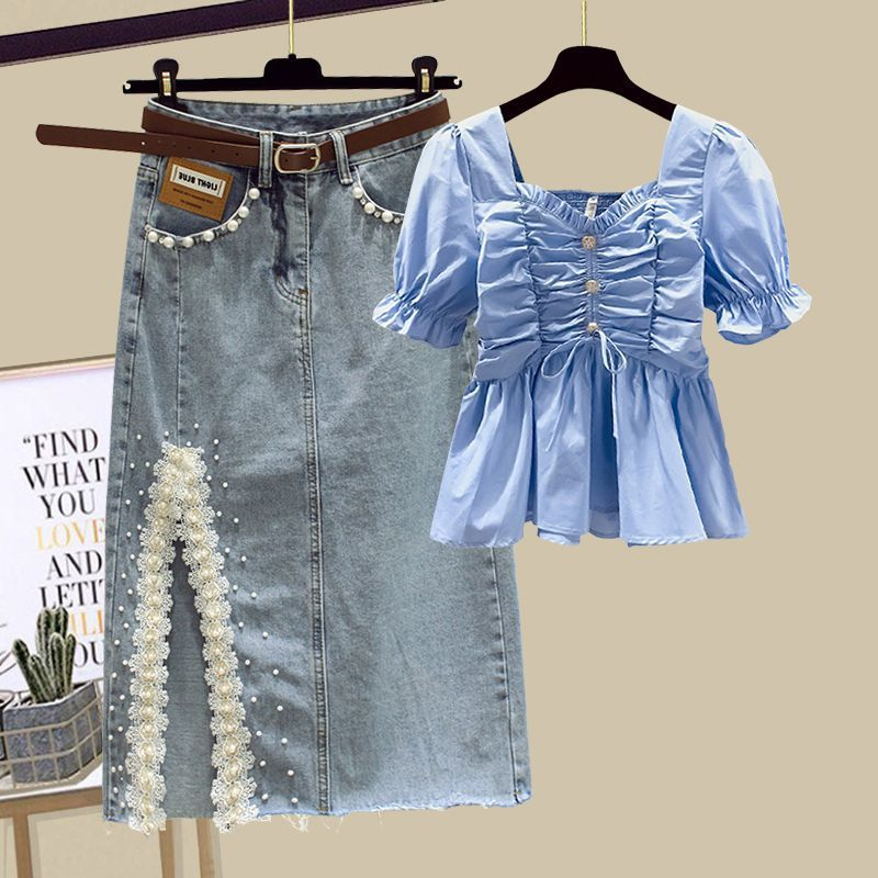Ženska oblačila, obleka za ženske, nova francoska sladka šifonska srajca, jeans krilo, dvodelna obleka_voghion.com