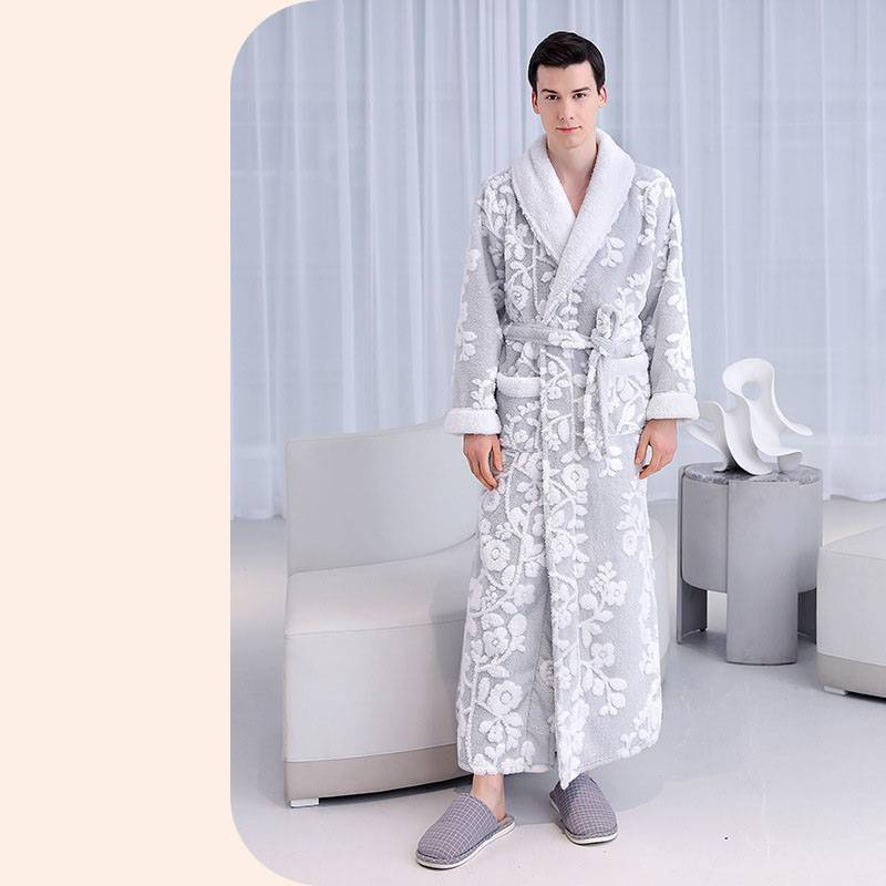 Outono e inverno cinza prateado dupla camada espessada jacquard confortável algodão veludo camisola longa pelúcia roupão de banho_voghion.com