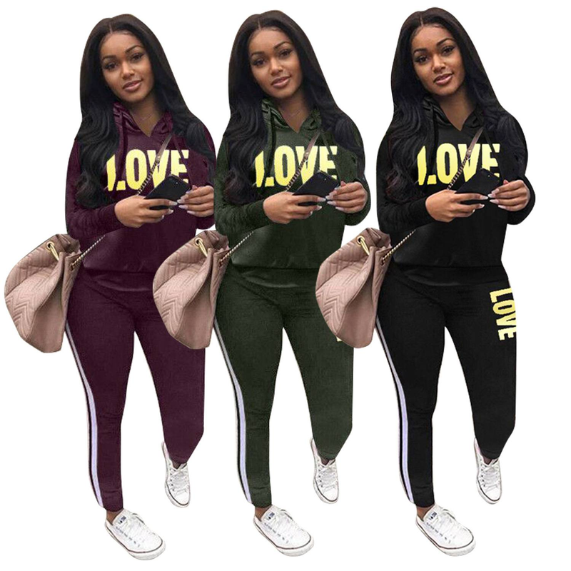 2-delige set damesoutfit LOVE Letter Print High Neck Hoodies Sweatshirt Broek Trainingspak Plus Size Streetwear Casual Pak_voghion.com