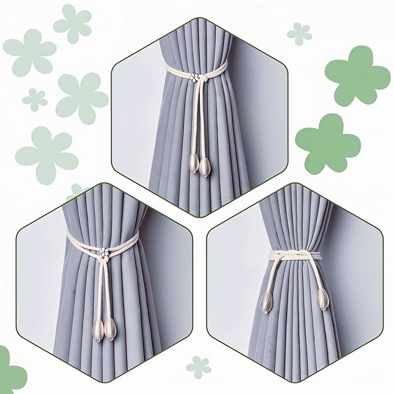 2 Pcs (1 Pair) Cotton Cord Curtain Tiebacks Tulip Pistil Design Noble And Elegant Total Length Approx. 19.7 Inches Retractable Snap Clip_voghion.com