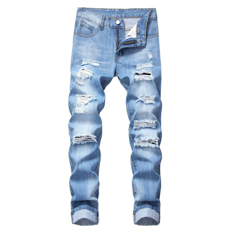 Jeans strappati da uomo, gamba dritta, vestibilità slim, pantaloni in denim non elasticizzati strappati da uomo LY010_voghion.com