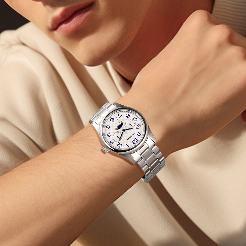 BERNY Watches For Men MultiFunction Analog Quartz Moon Phase Watch With Day Date Stainless Steel Easy To Read Waterproof Dress Men's Wrist Watch_voghion.com