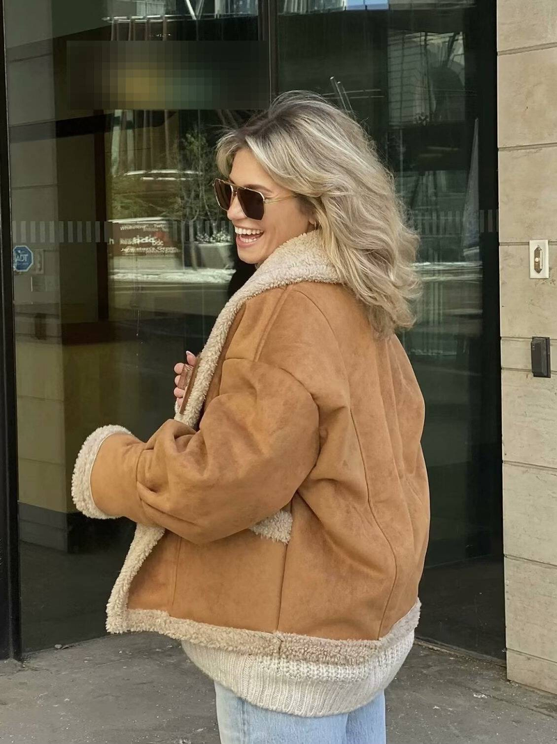 Trendiger Streetwear-Mantel mit Kunstpelzkragen – Übergroße, kurze Jacke aus Wollmischung mit Revers und einreihigem Design (Khaki/Braun/Creme/Schwarz, S-XL)_voghion.com