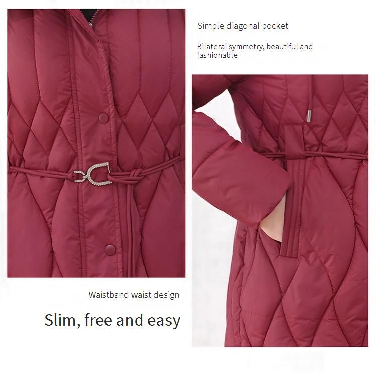 Lange winterjas met capuchon voor dames, tailleband met ceintuur, konijnenbont, knielange gewatteerde jas voor koud weer - zwart, wit, bruin, rood_voghion.com