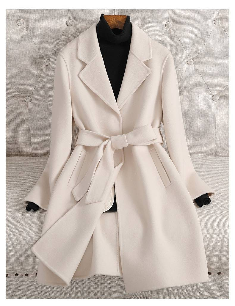 Luxury Double-Faced Wool Coat Women's Mid-Length Trench Coat For Petite Figure | Premium Cashmere Blend | Slim Fit With Belt | Office Elegance_voghion.com