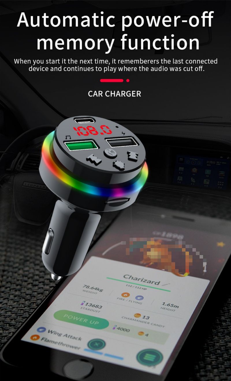 Car Charger Mobile Phone Charger Bluetooth Hands-free Call USB TYPE-C Port with Charging Function FM Transmission Frequency Colorful Ambient Light_voghion.com