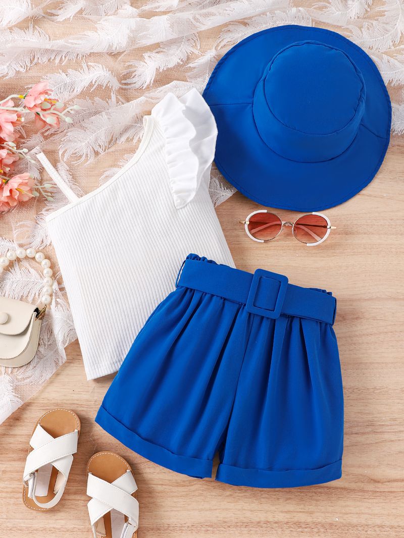 New Summer Girls' Set, Small Medium Children's Diagonal Shoulder Suspender with Flying Sleeves Top+Shorts and Hat Three_voghion.com