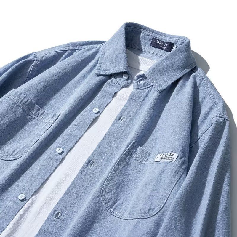 Camicia in denim da uomo, autunno, tendenza, ampia, sottile, stile Hong Kong, blu scuro, a maniche lunghe, casual, da uomo e da donna_voghion.com