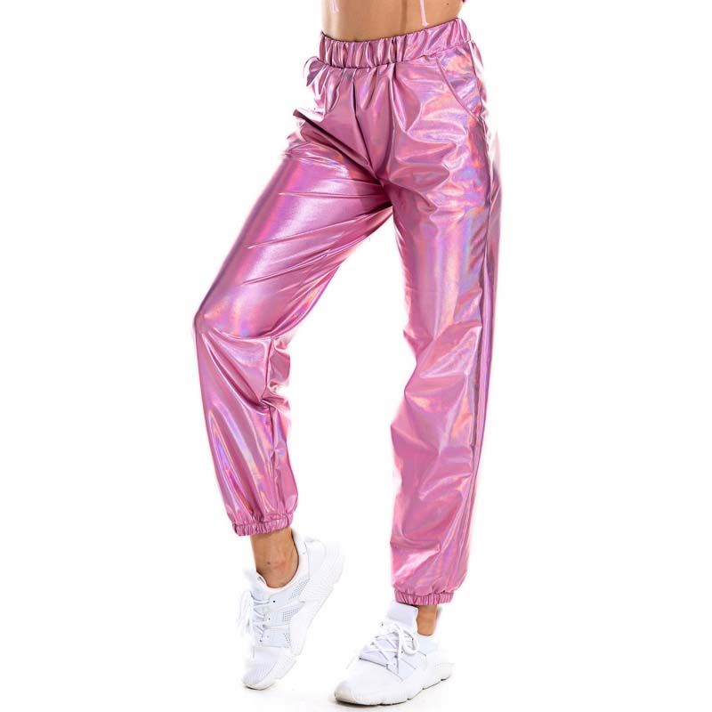 Heißer verkauf Glänzend Holographische Frauen Lose Hohe Taille Metallic Hosen Dance Performance Hip Hop Hosen Streetwear Jogger_voghion.com