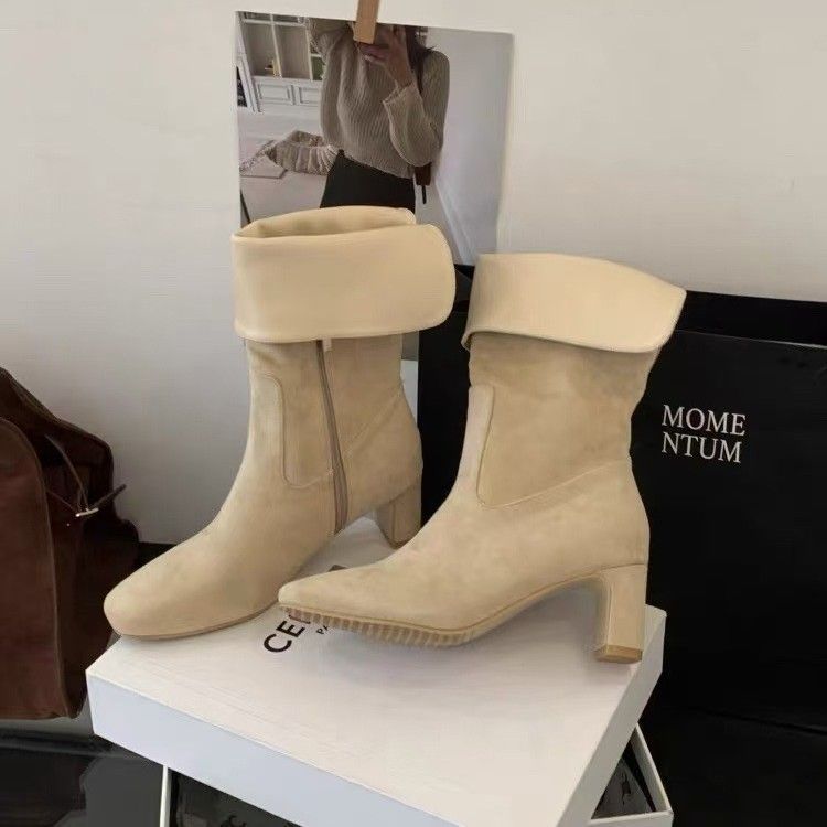 Fashionable Pointed Toe Flat Slip-On Suede Back Split Two-Way Wear Khaki Long Women's Riding Boots_voghion.com