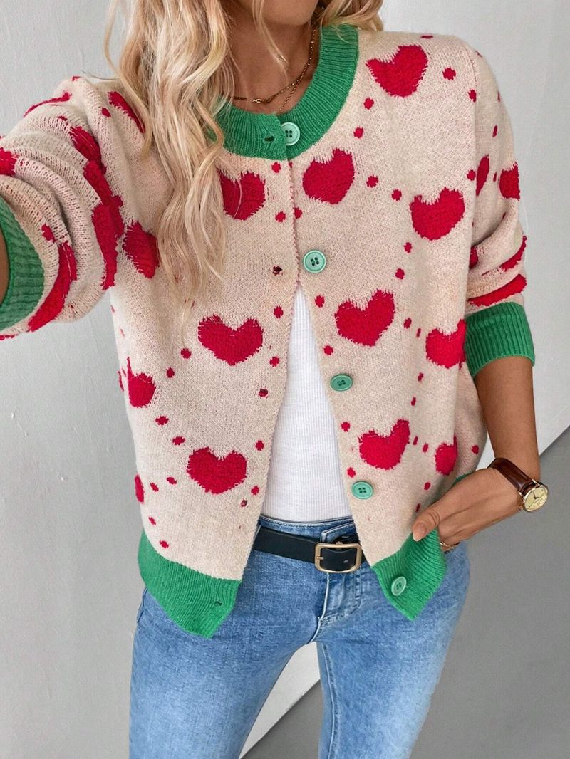 Cozy Open-Front Knit Cardigan With Heart Jacquard & Contrast Color - Loose Fit Casual Sweater For Women_voghion.com