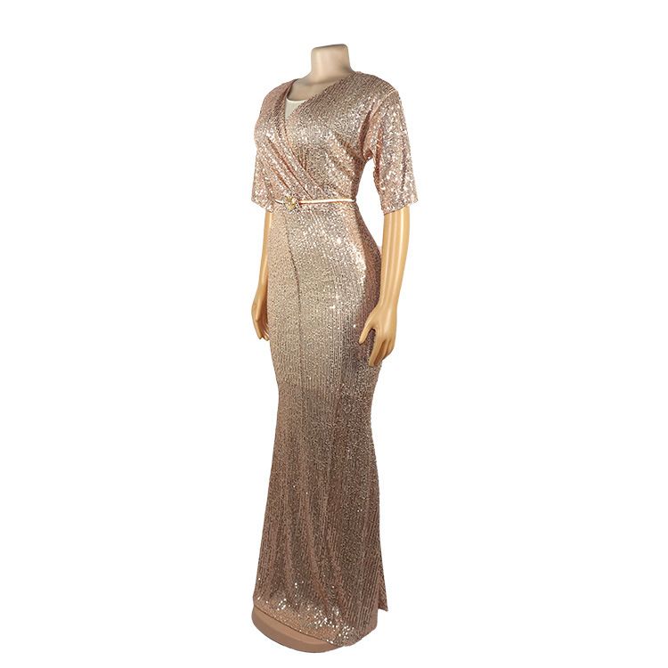 Women's Clothing Elegant Temperament Women's Dress High Elastic Sequins V Neck_voghion.com