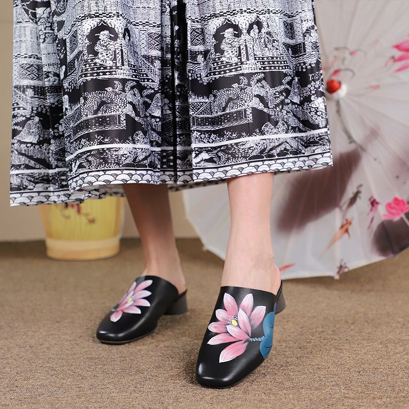 Wedge Heel Closed-Toe Women's Shoes New Spring New Versatile Comfortable Ethnic Style Hand-Painted Lotus Handmade_voghion.com