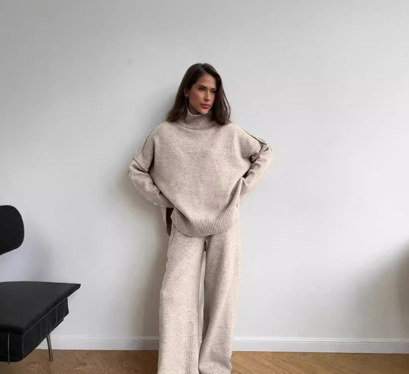 Damenbekleidung Stehkragen Split Wollpullover Anzug Damen locker lässig faul Strickhose zweiteiliger Anzug_voghion.com