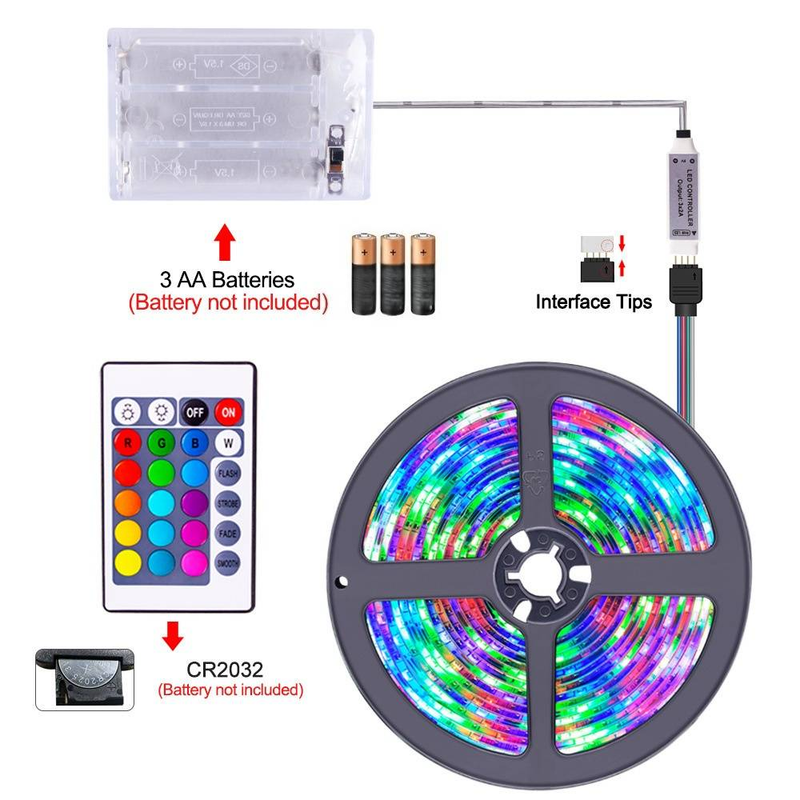 Tira de luces LED RGB con control remoto de 24 teclas y batería - Tiras de luces de 5 V 2835/5050 que cambian de color para retroiluminación de TV, ambientación y decoración de interiores_voghion.com