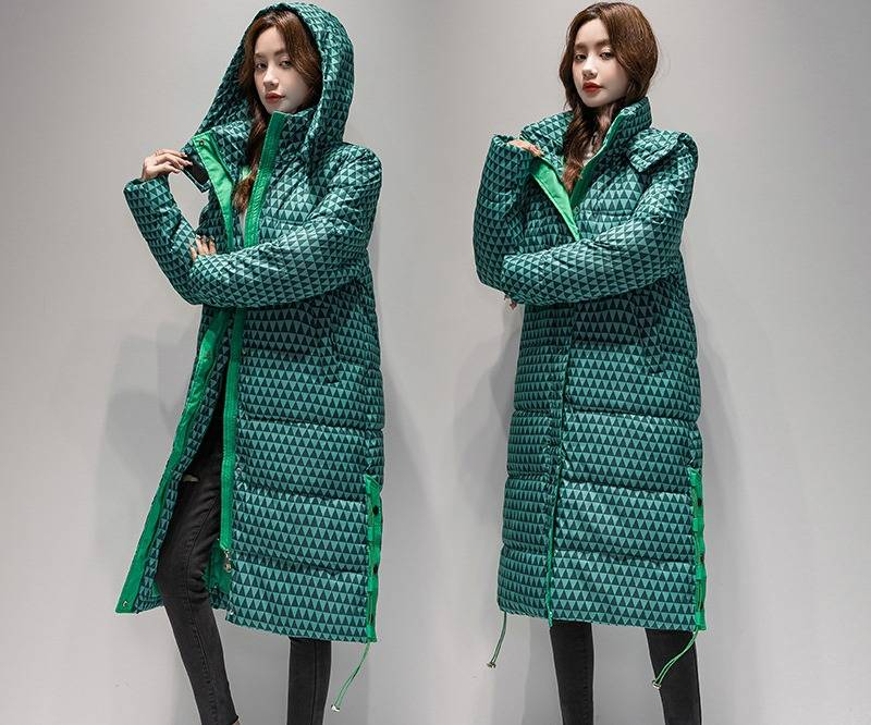 Women's Long Plaid Puffer Coat With Hood, Thickened Knee-Length Quilted Down Jacket For Winter, Oversized Casual Parka_voghion.com