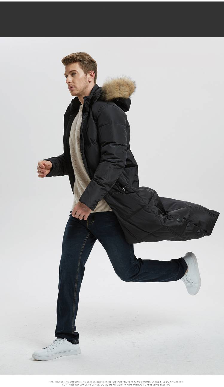 Herrenbekleidung, extra lange Daunenjacke mit abnehmbarer Fuchspelzkapuze, wasser- und winddichter Wintermantel für extrem kaltes Wetter (-30 °C bis -15 °C)_voghion.com