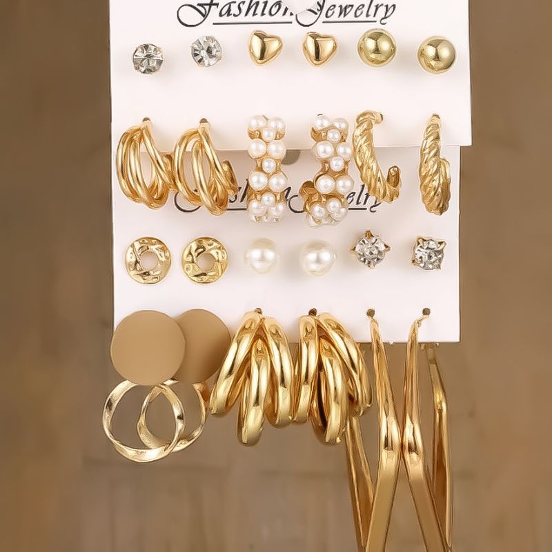 Earring Sets New Square Three Tube Imitation Pearl Earring Set, 12 Piece Set, Creative Retro Geometric Ear Hoops_voghion.com